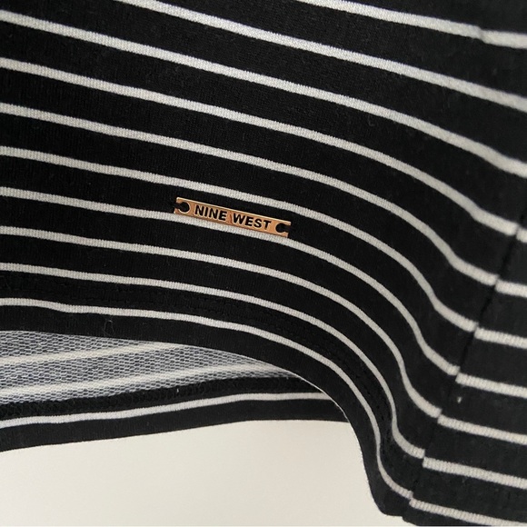 NINE WEST BLACK/WHITE STRIPED DOLMAN TSHIRT W/ CRISSCROSS NECKLINE DETAIL, S - Picture 7 of 8